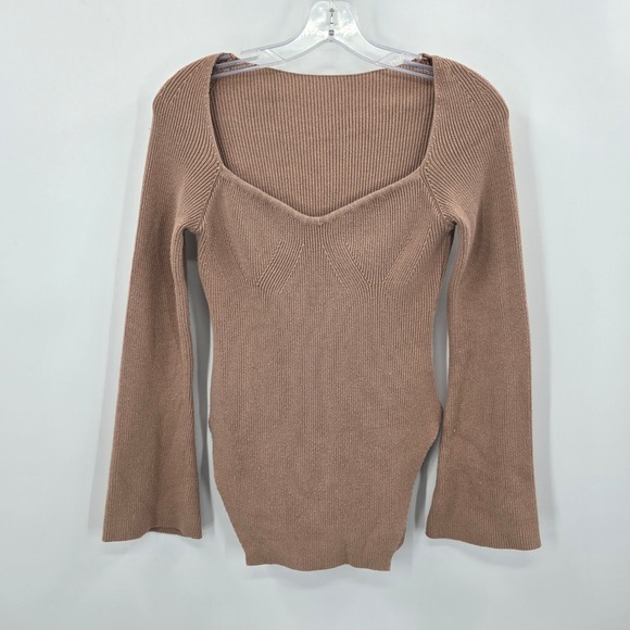 SHEIN Sweaters - SHEIN Women Tan Ribbed Sweetheart Neck Bell Sleeve Side Slit Knit Sweater Small
